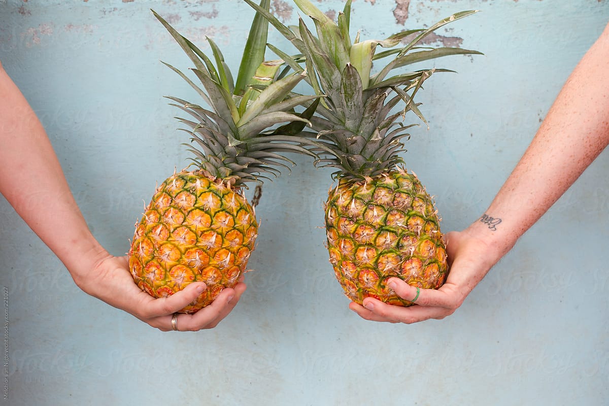Arms holding two tropical pineapples