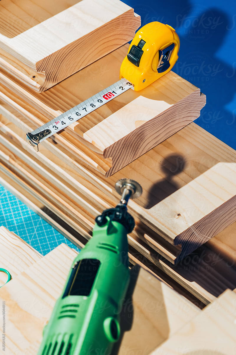 Carpenter tools and  lumber.