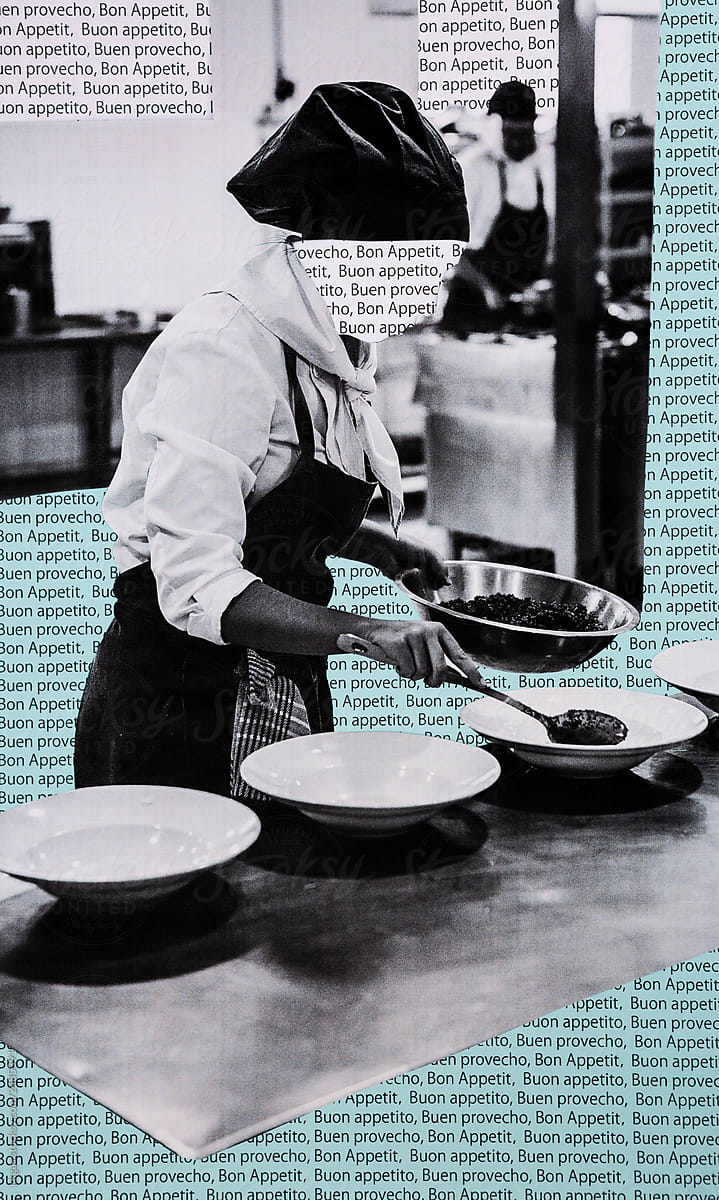 Collage of anonymous chef in professional kitchen