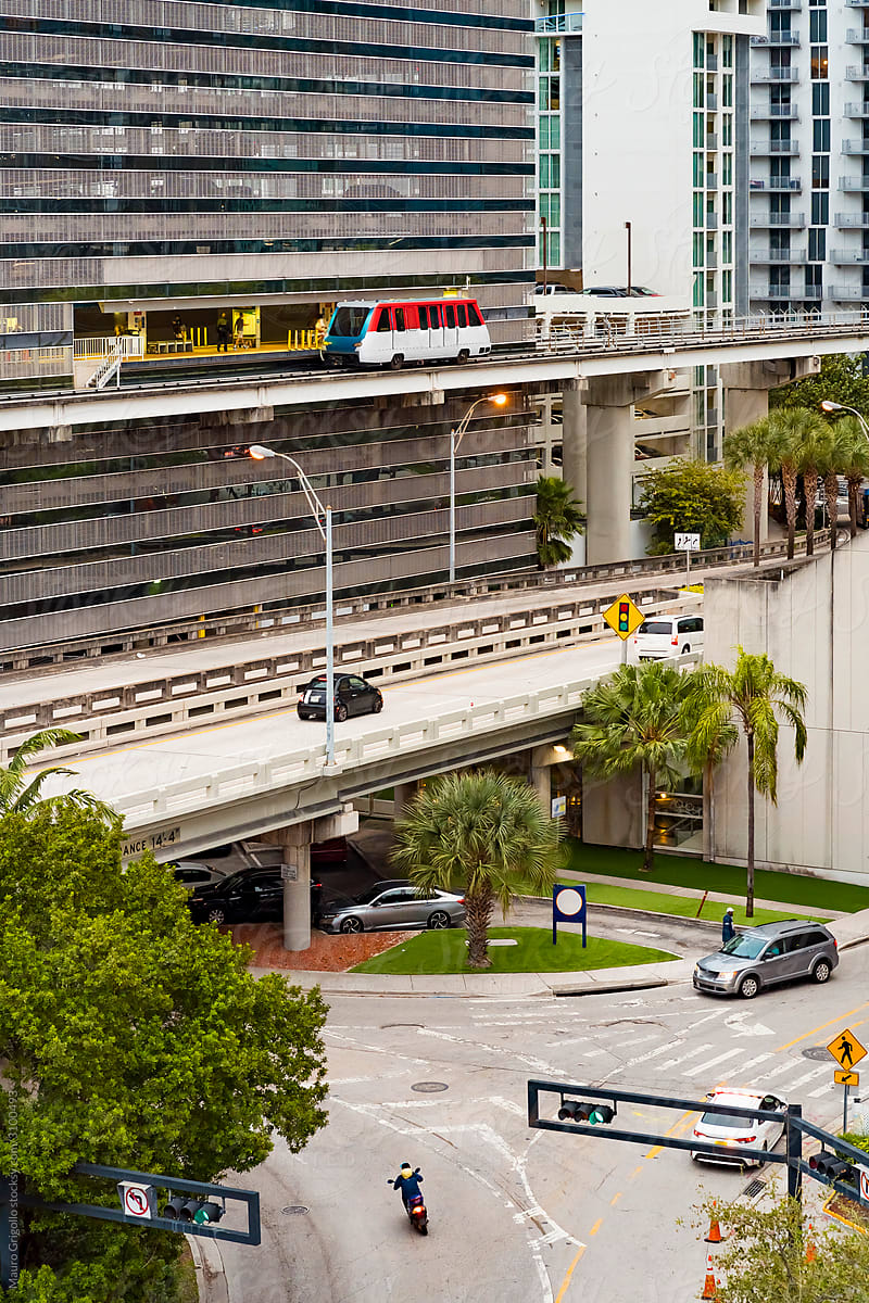 Free service transport in Miami district, called Metromover. Florida. US.