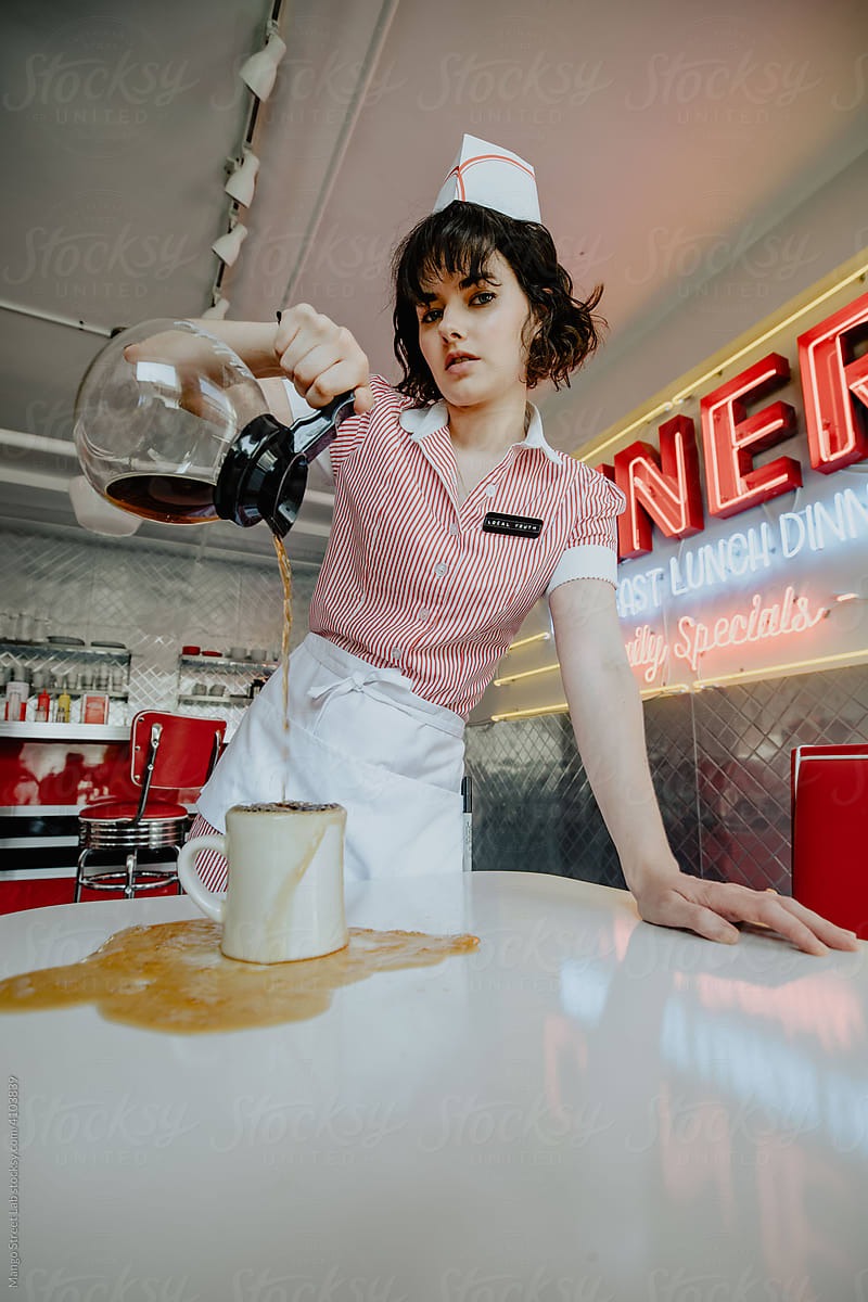 1950s Diner Waitress Over Pouring Coffee