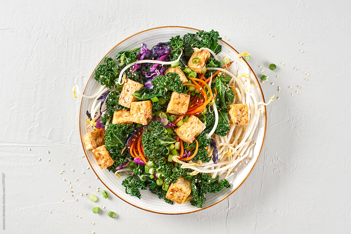 Asian fusion sautéed kale with tofu and bean sprouts