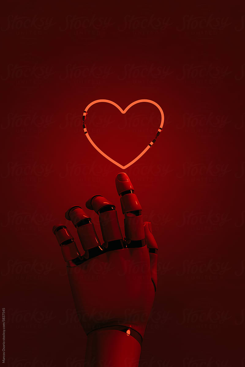 Robot hand holding a Neon heart