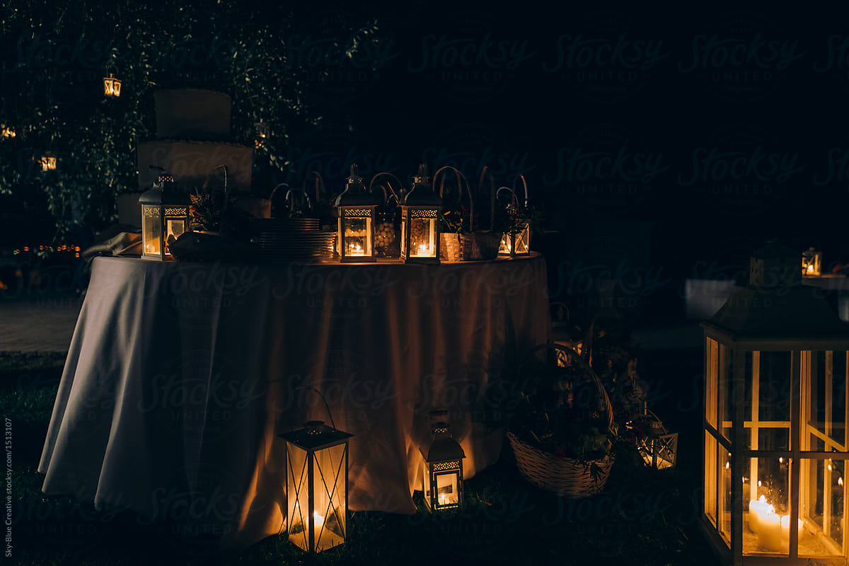 Lanterns and home decorations in a garden at night