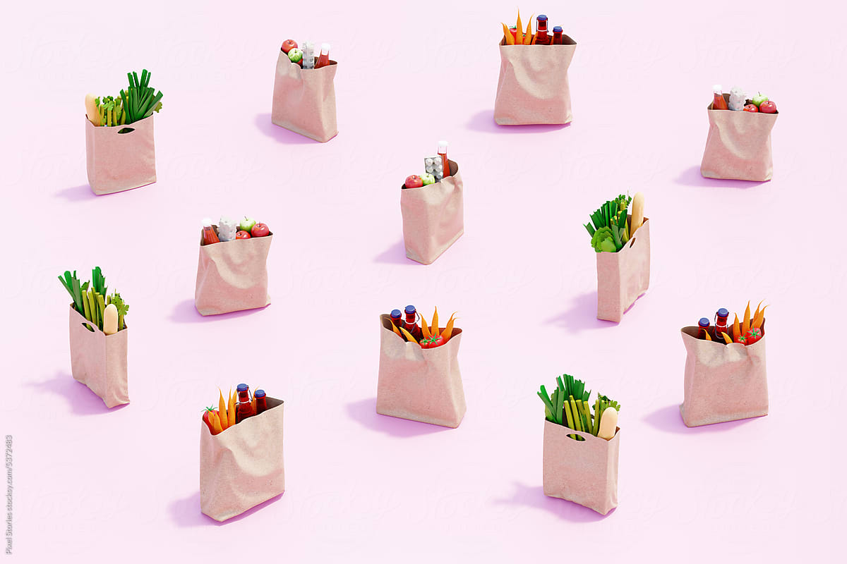 Shopping: Paper bags full of groceries floating on pink background