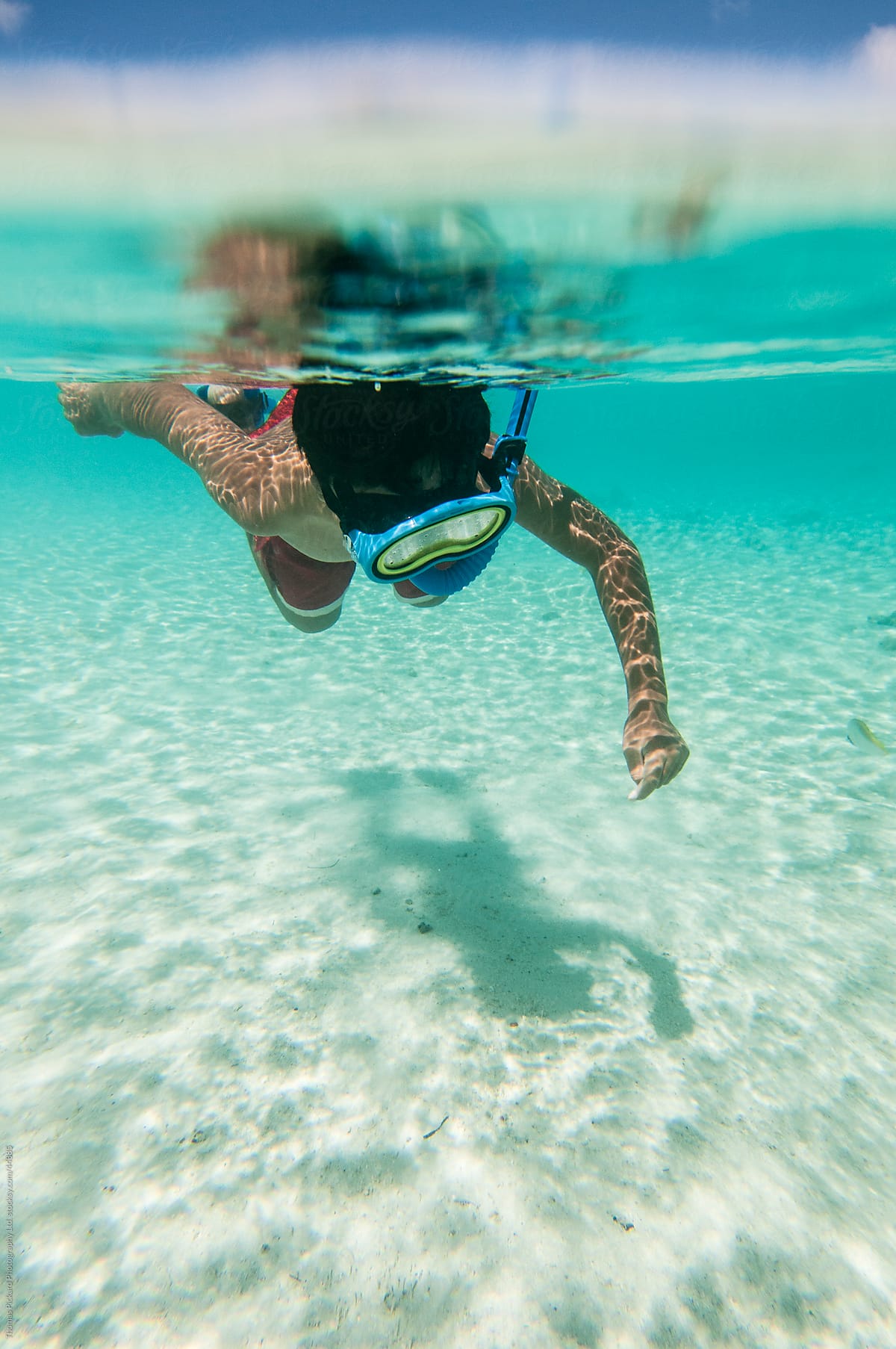 Boy snorkelling in a tropical lagoon, Cook Islands.