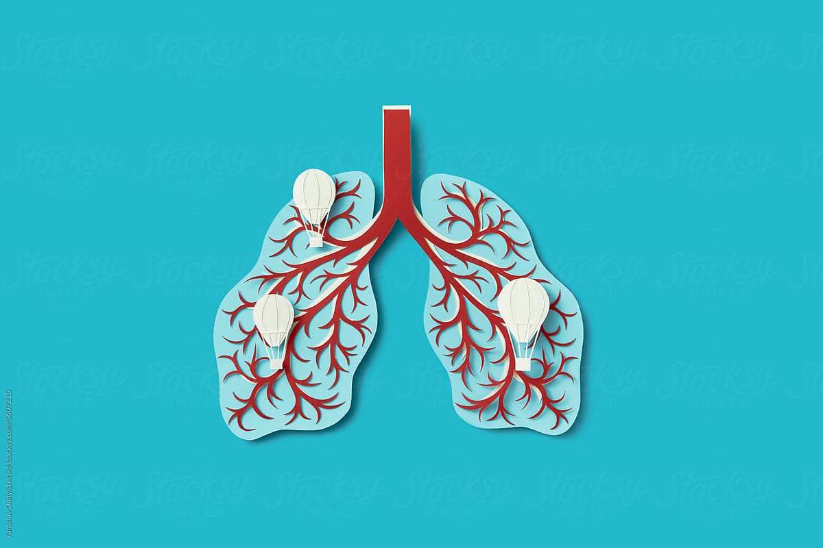 Papercraft infected human lungs with balloons over blue background