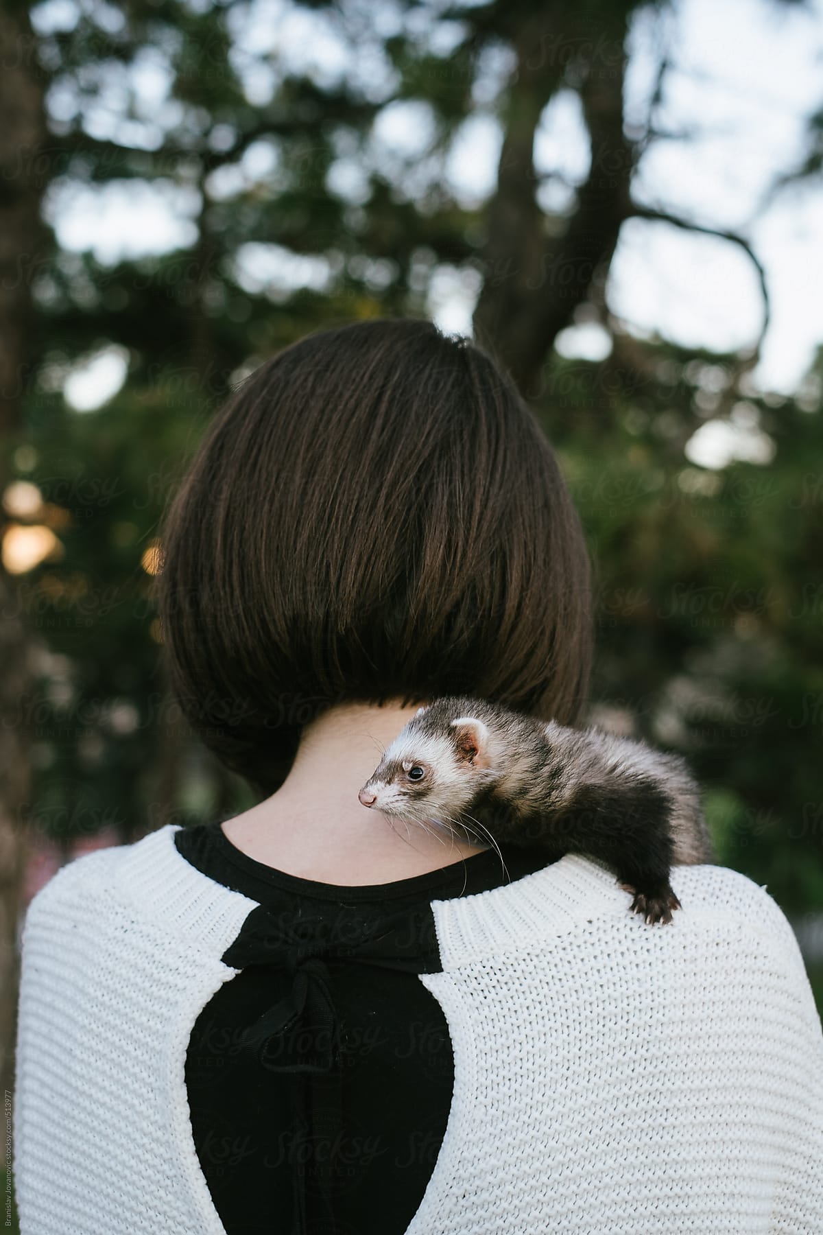 Back view of woman with a pet ferret