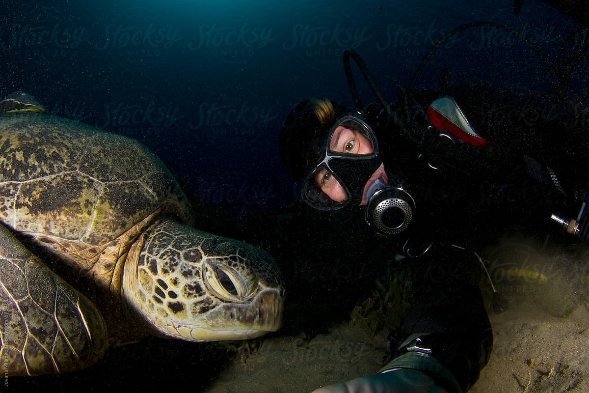 Woman Taking Selfie Underwater with Green Sea Turtle