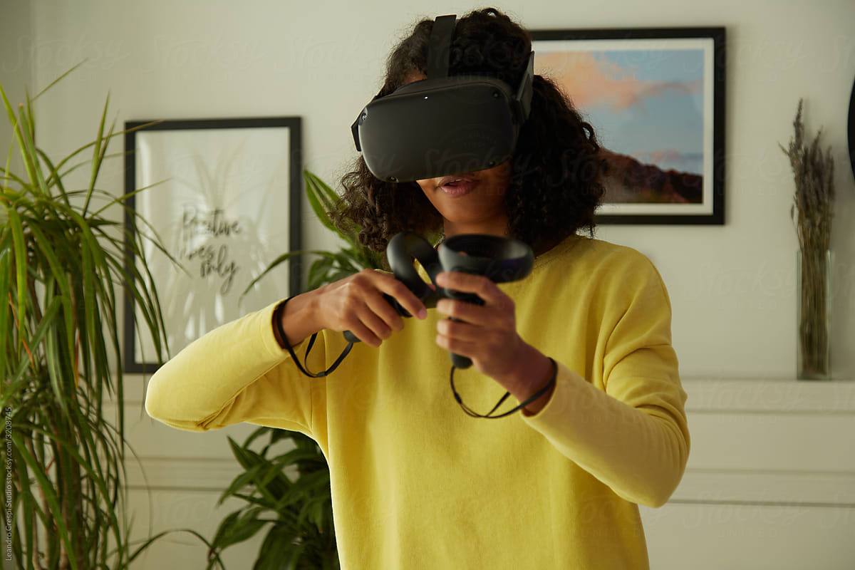 Woman playing puzzle in Virtual Reality
