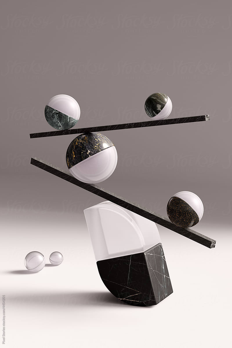 3D glass and stone geometric shapes balance concept