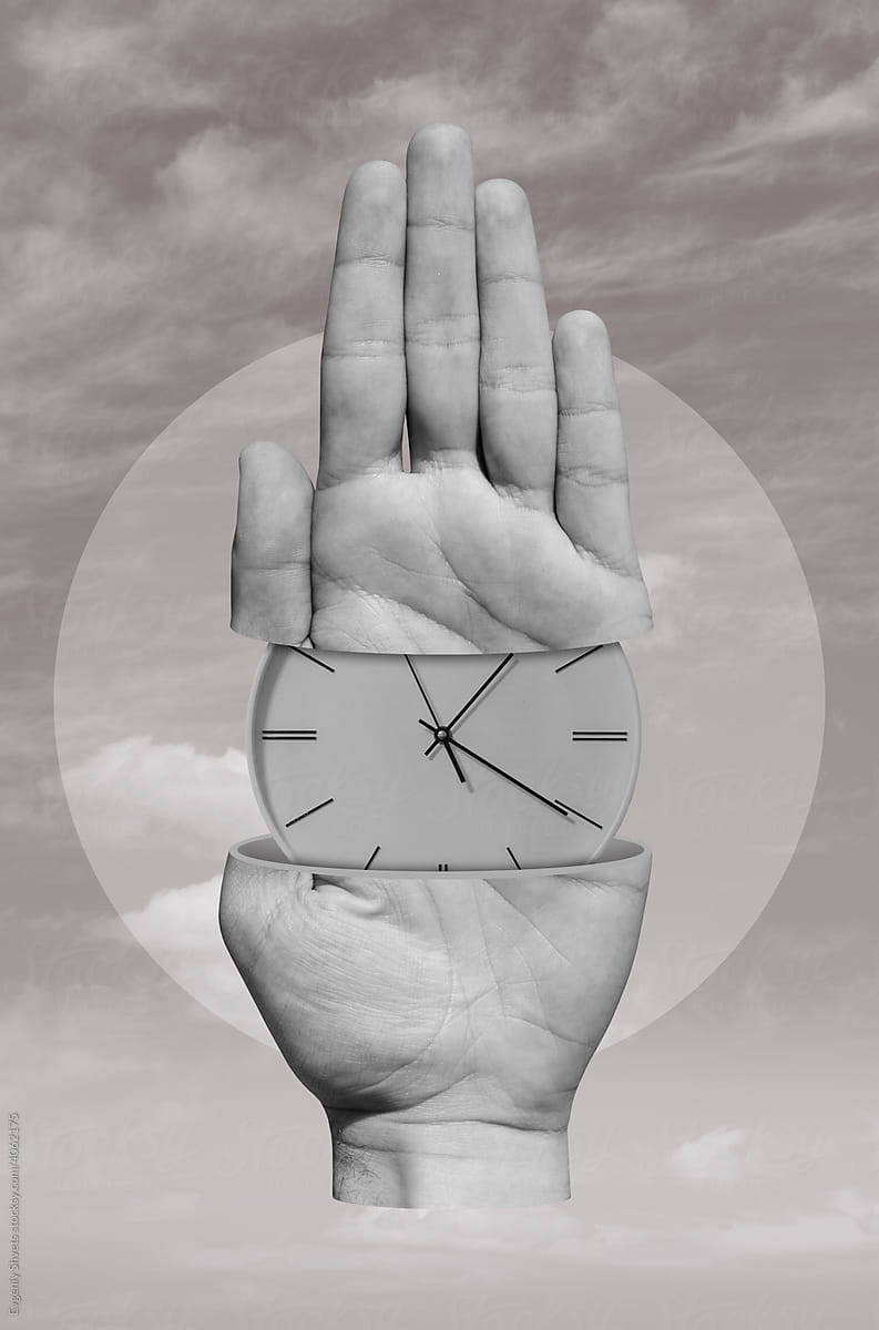 Divided hand of a man with a clock inside