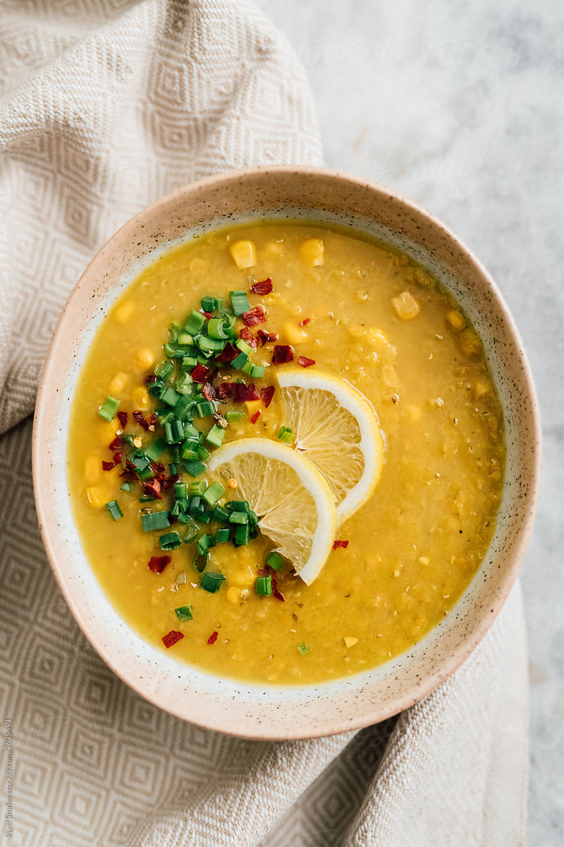 Vegan red lentil and corn soup