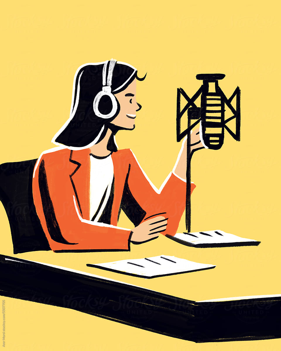 illustration of a woman immersed in an interview within a podcast