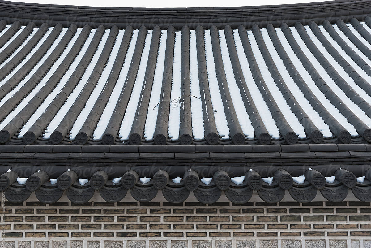 South Korean traditional tiled roof with snow