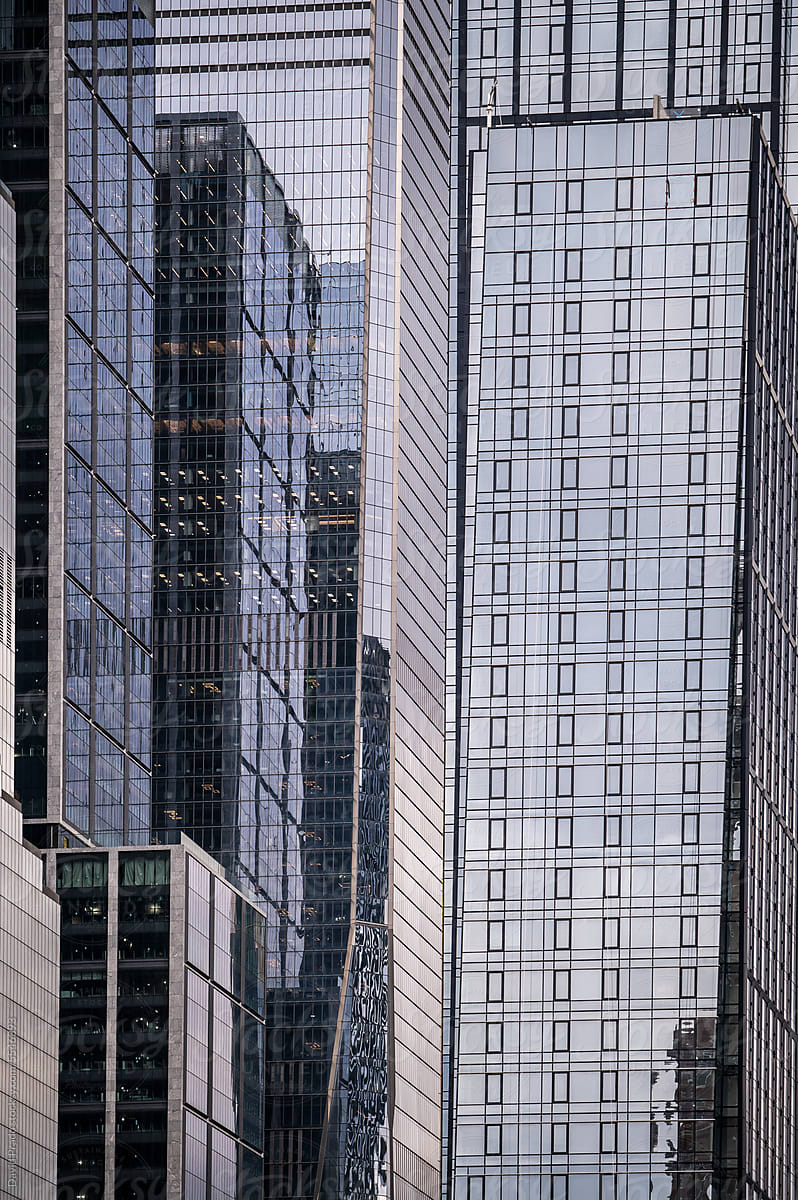 Exterior of multistoried skyscrapers with glass walls