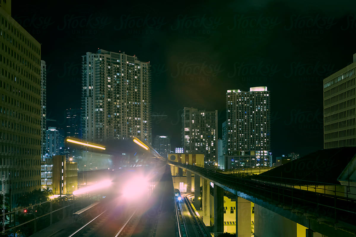 Downtown Miami elevated traintrack, night view