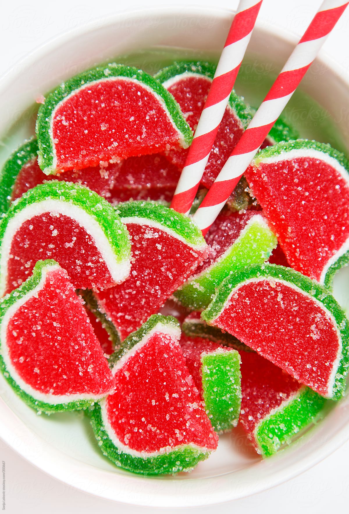 watermelon jelly in a white bowl