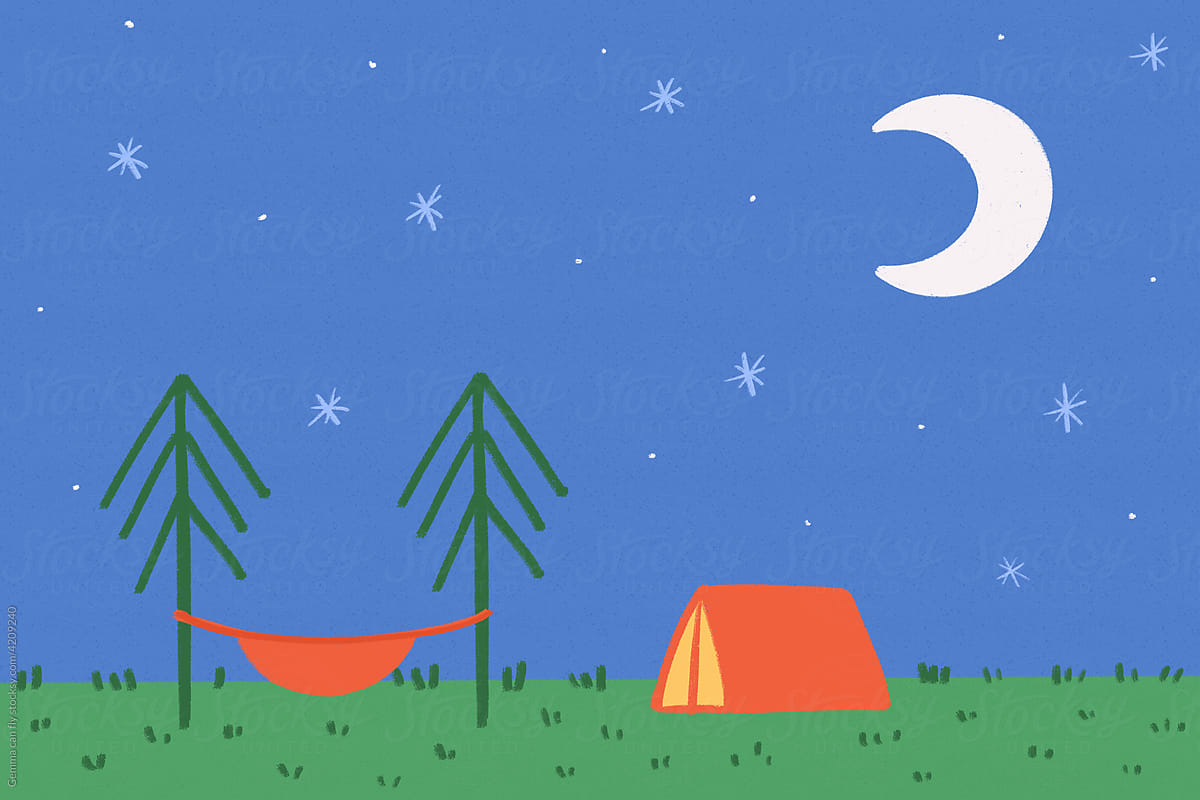 Camping outdoors at night with hammock and moon illustration