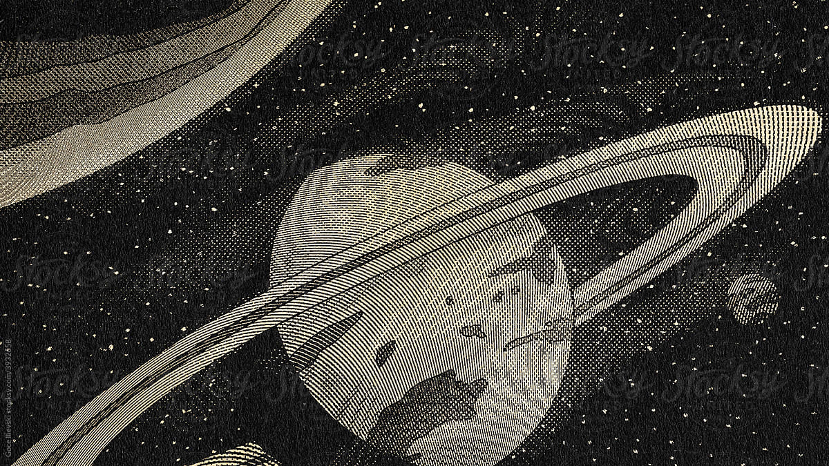 Planet Saturn Linocut Illustration