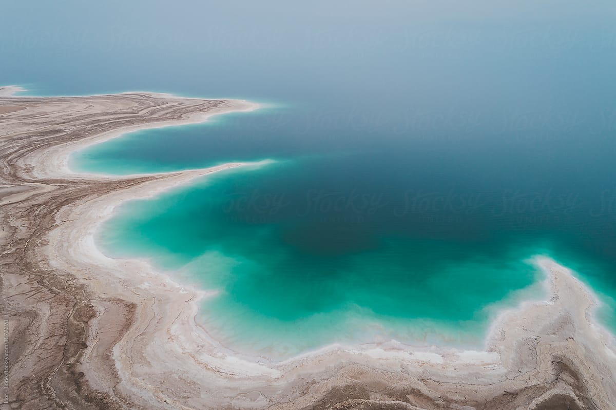 Drone shot of the coast of the dead sea. Israel