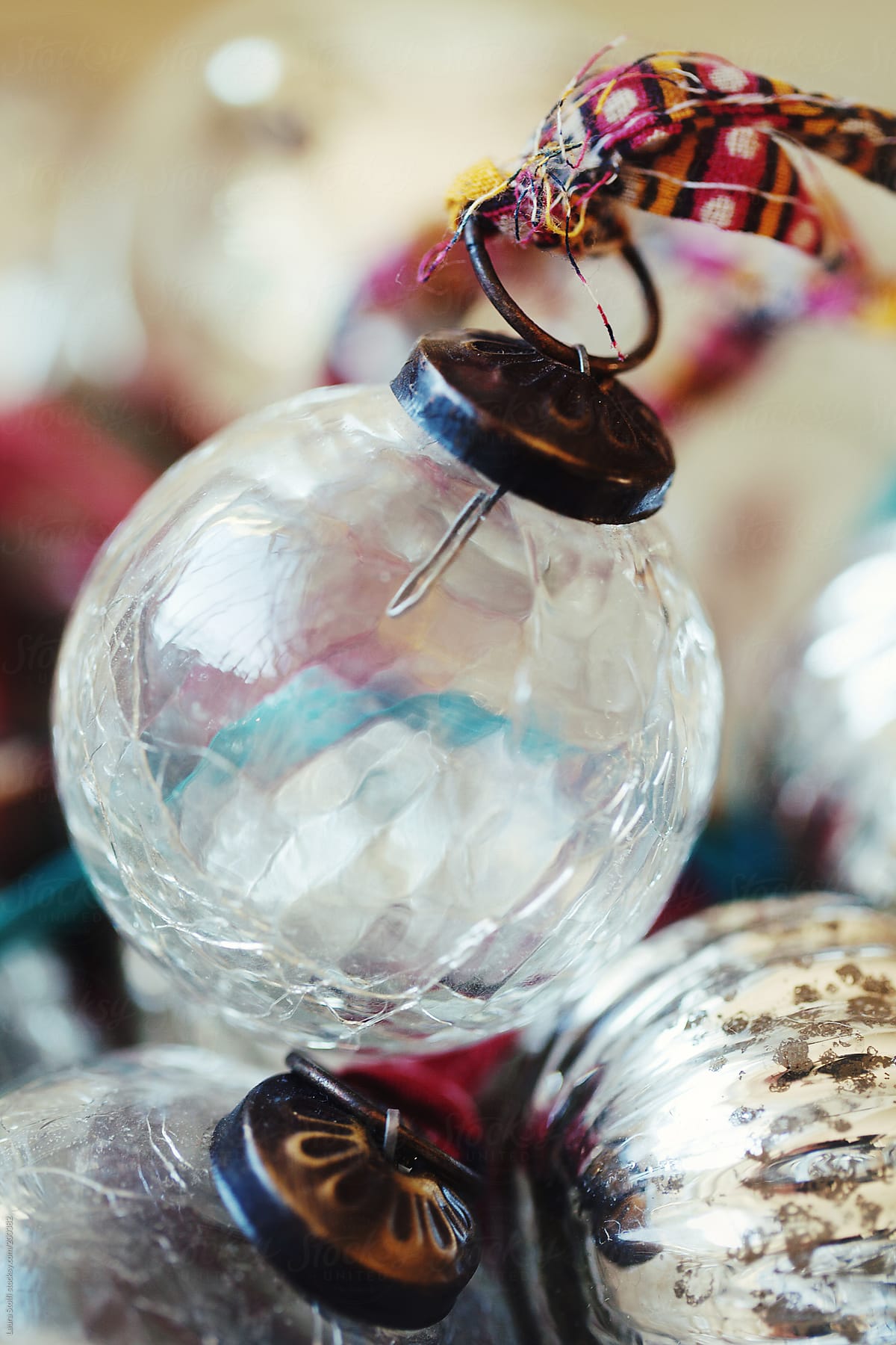 Extreme close-up of vintage Christmas glass bauble