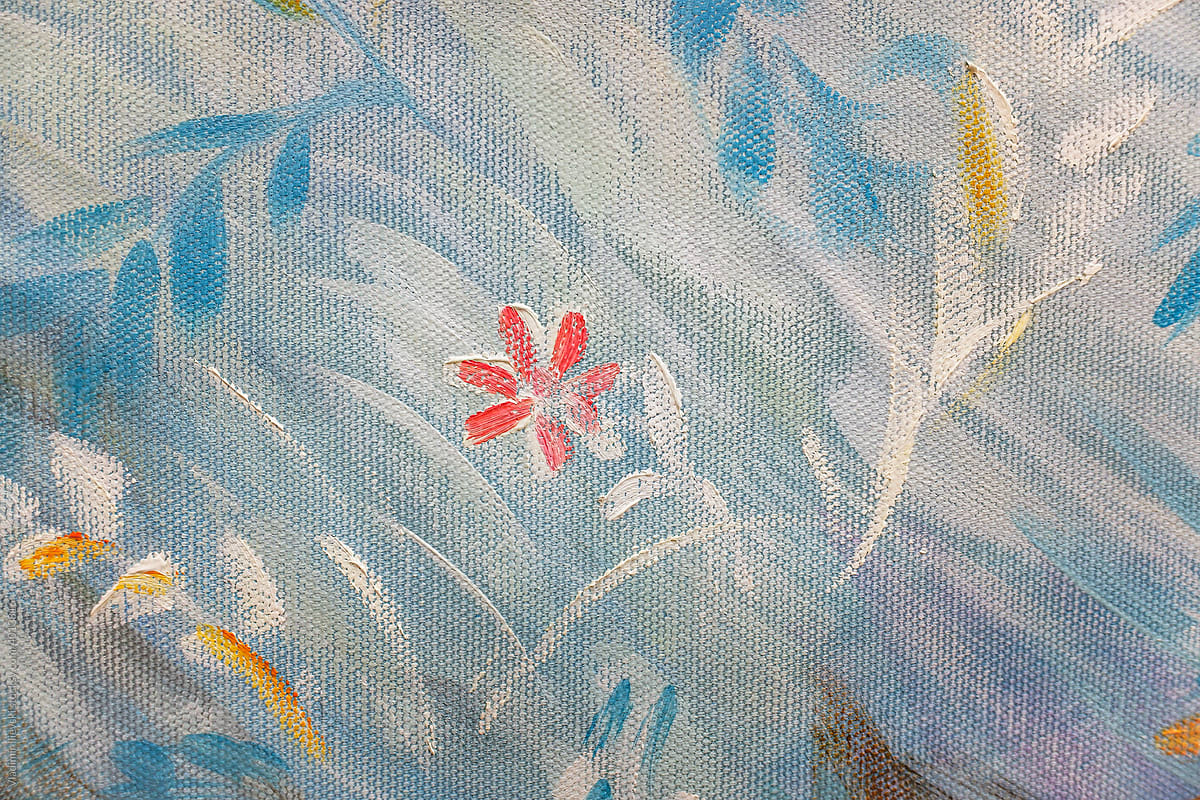 Leaves and flowers painting on real canvas texture