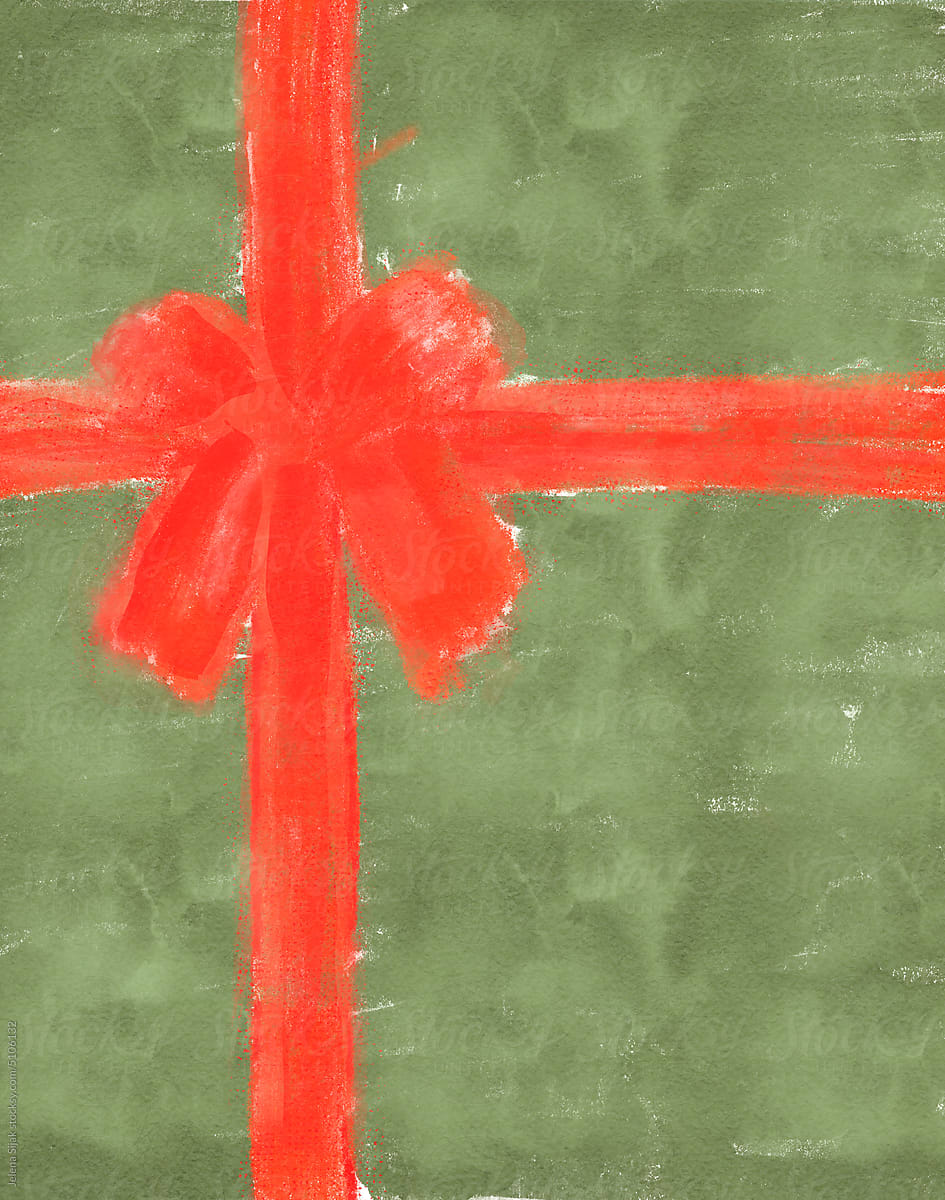 Abstract watercolor red ribbon on the green Christmas present.