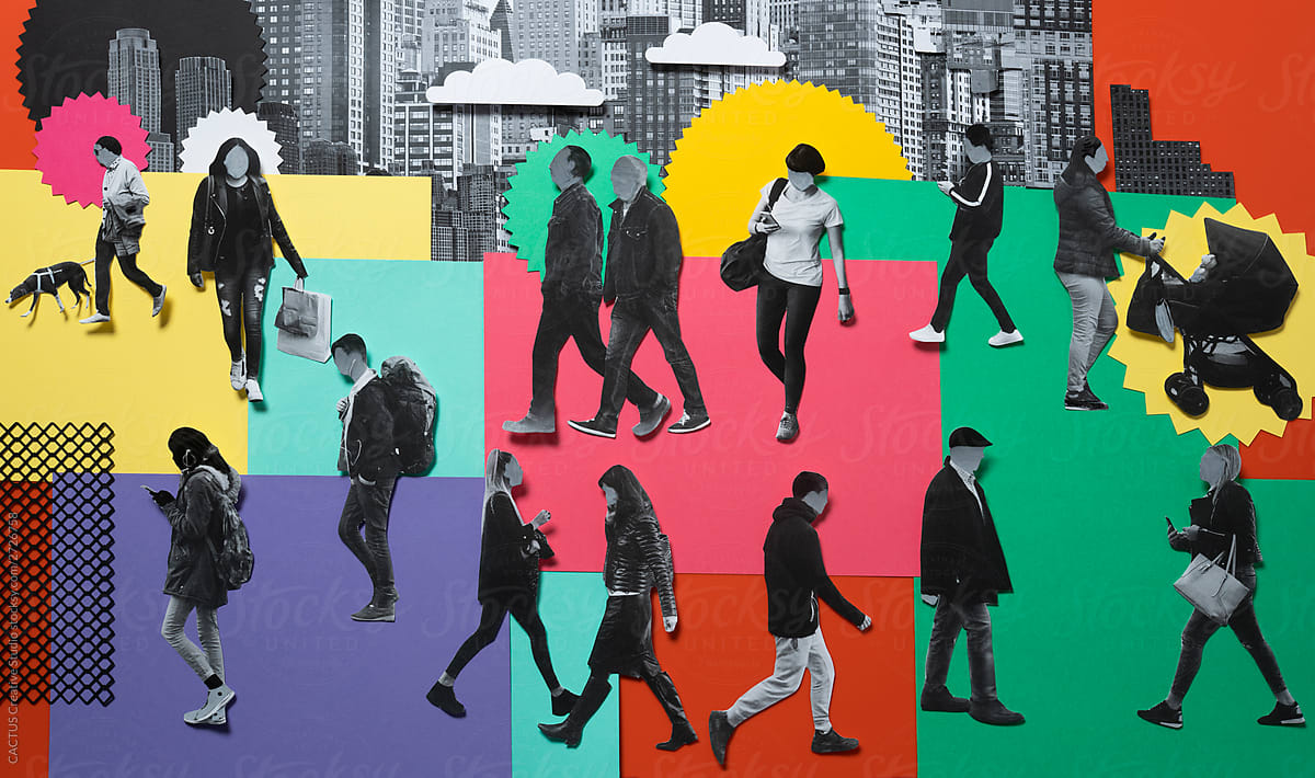 Group of people walking in the city, collage and cut papers.