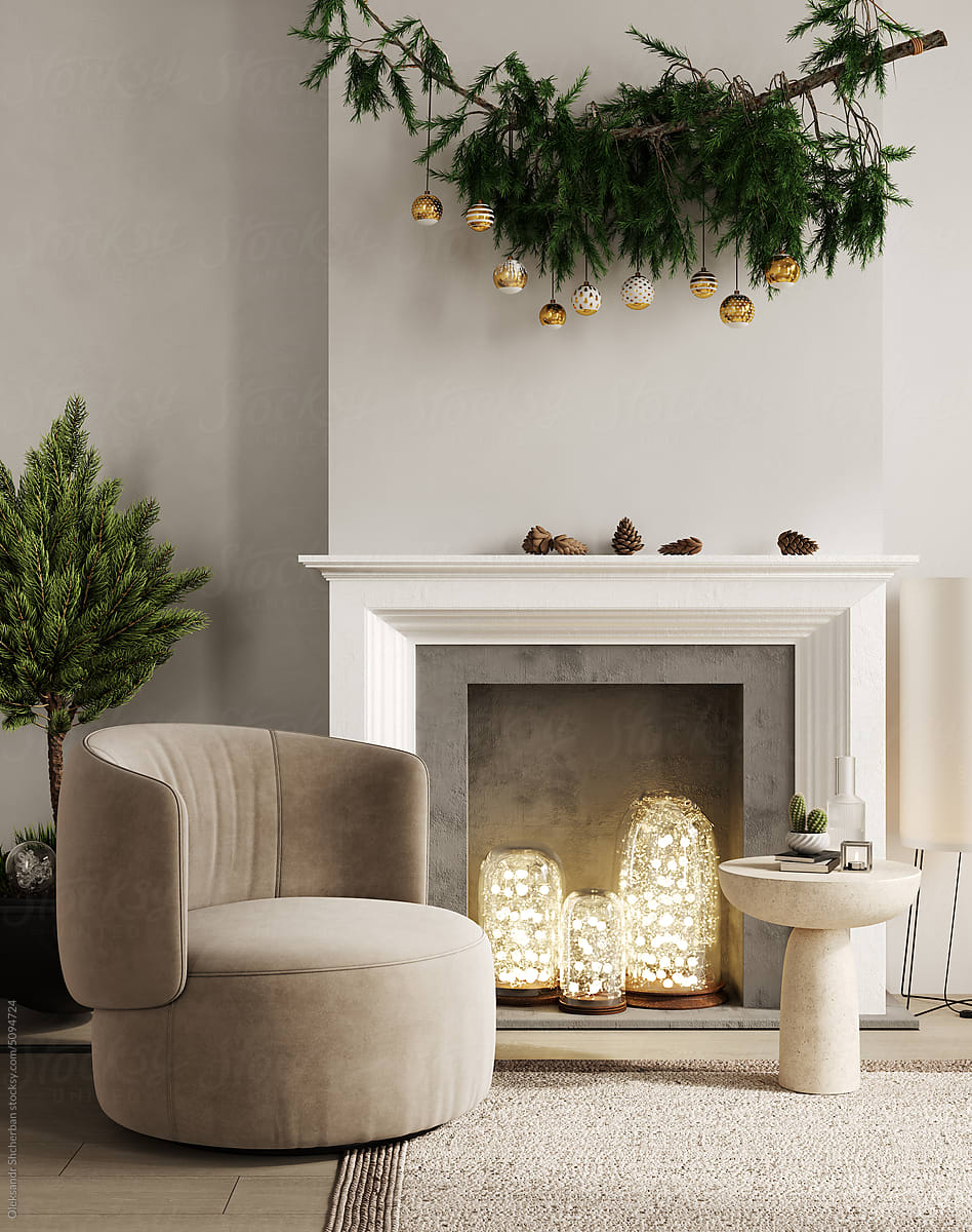 Modern classic interior with fireplace, christmas tree and armchair