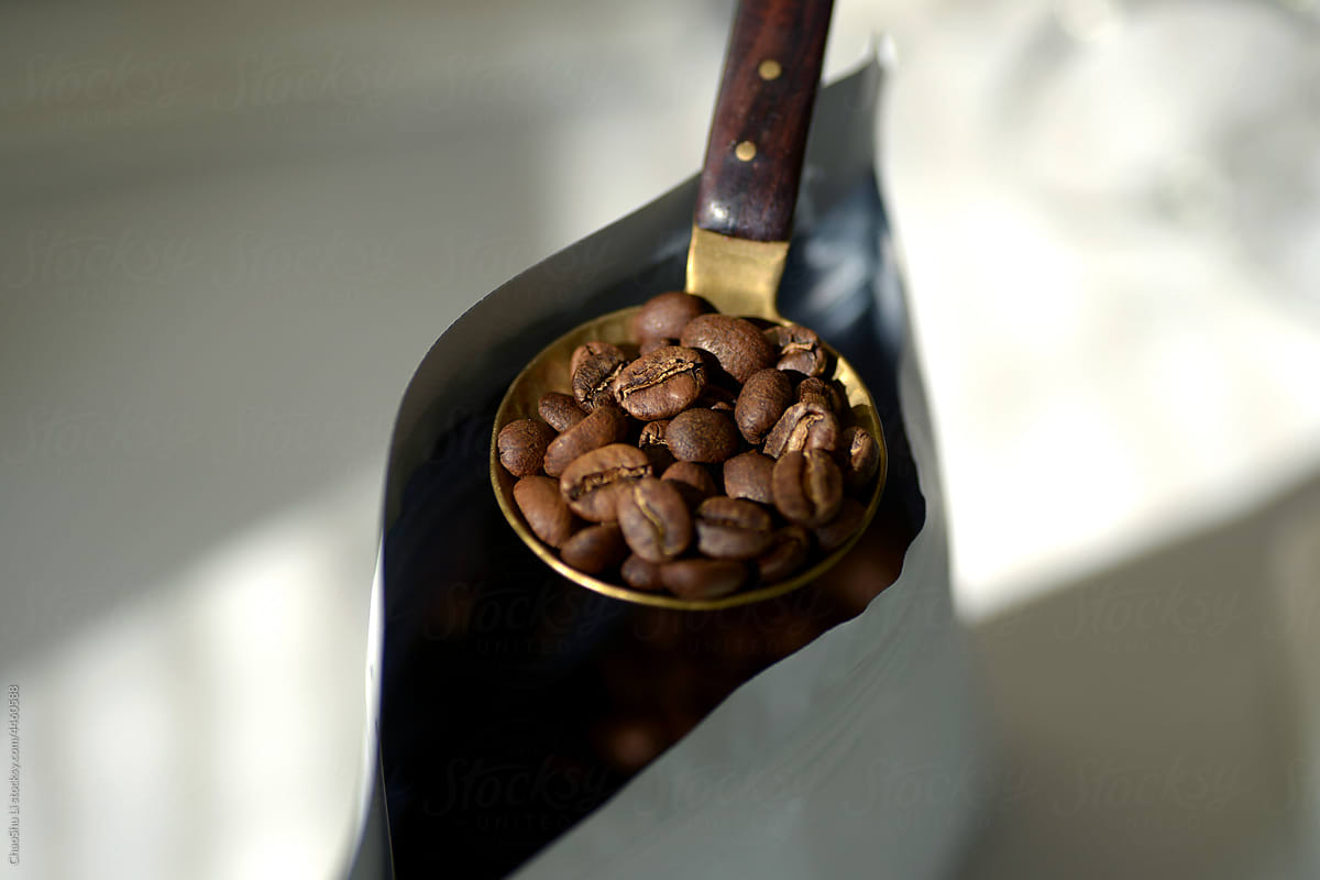 Closeup of coffee beans, the process of making coffee