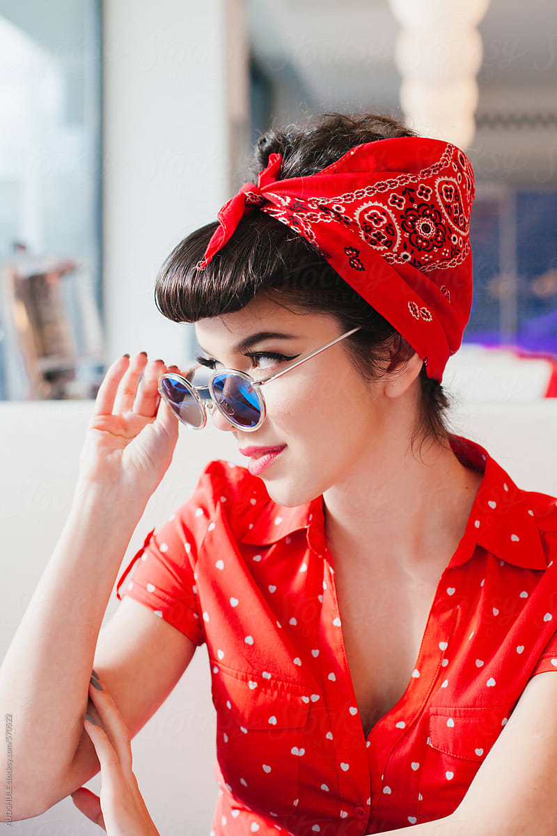 Portrait Of Handsome Rockabilly Girl In Retro Outfit Form