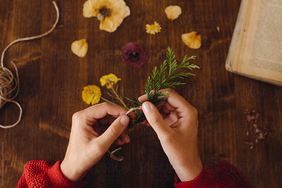 Hands of cropped woman making decoration with dry flowers