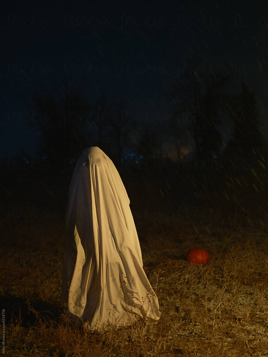 A ghost stands at night in a field.