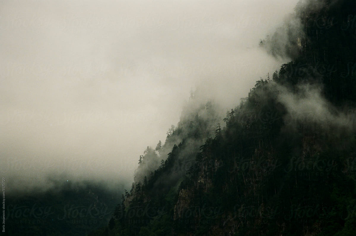 Mountain cliffs in the fog
