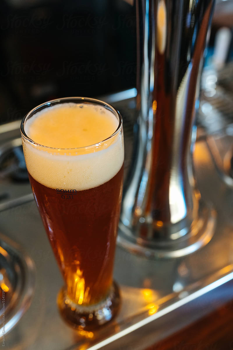 Glass of beer served in bar
