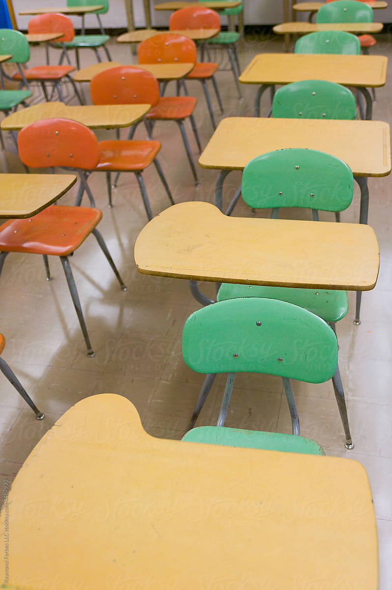 Elementary School Classroom with vintage Desks in a row