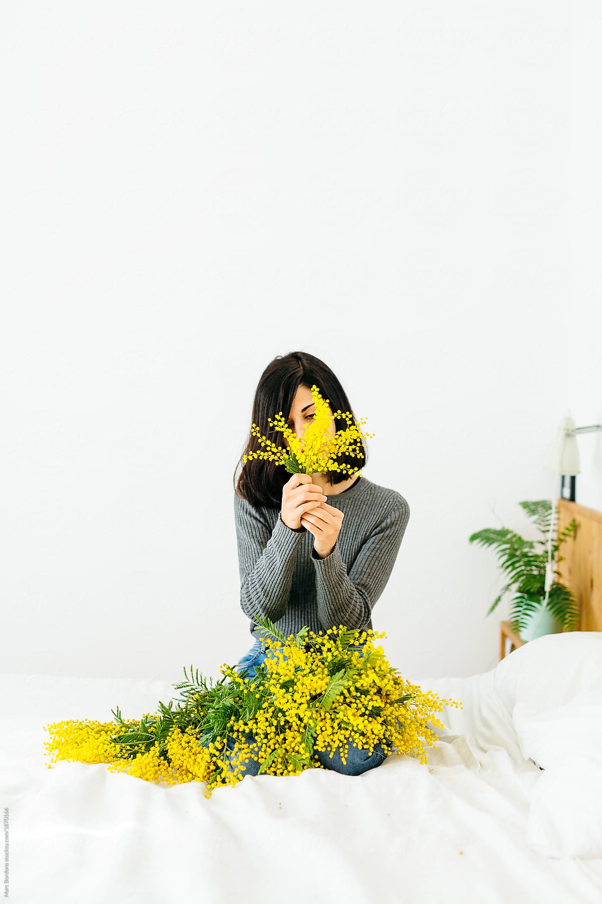 brunette girl with mimosa plants in her hands