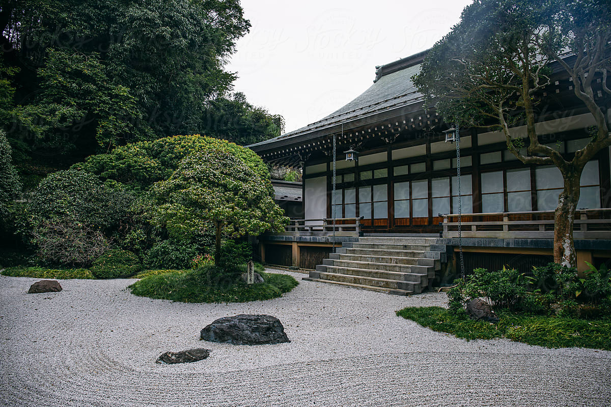Zen garden near oriental house