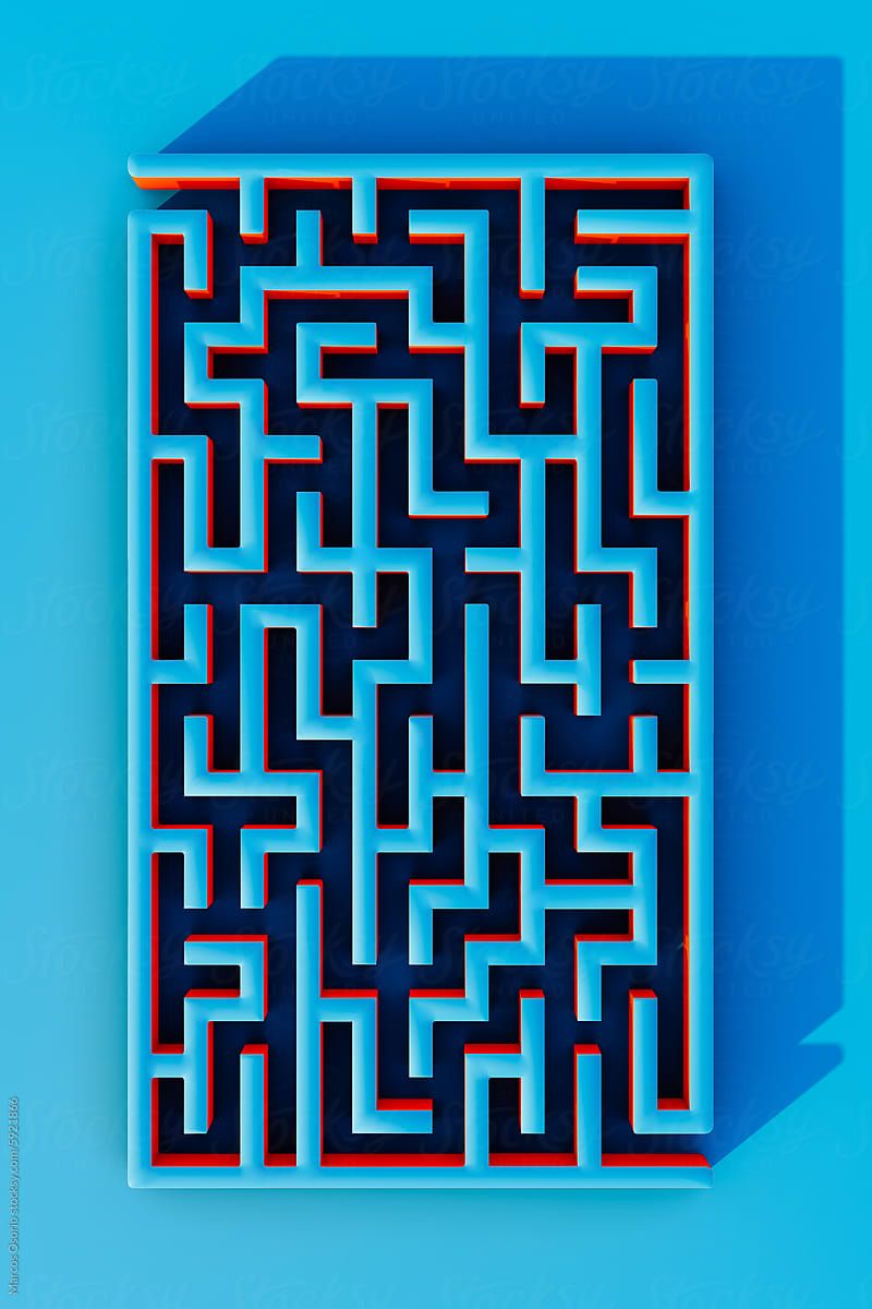 Overhead View of Blue Maze on Solid Background