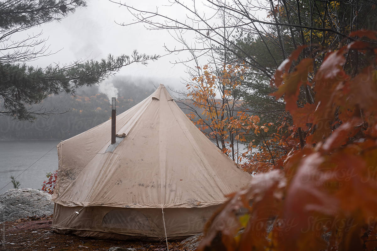 Canvas Tent in Rain at Autumn Campsite