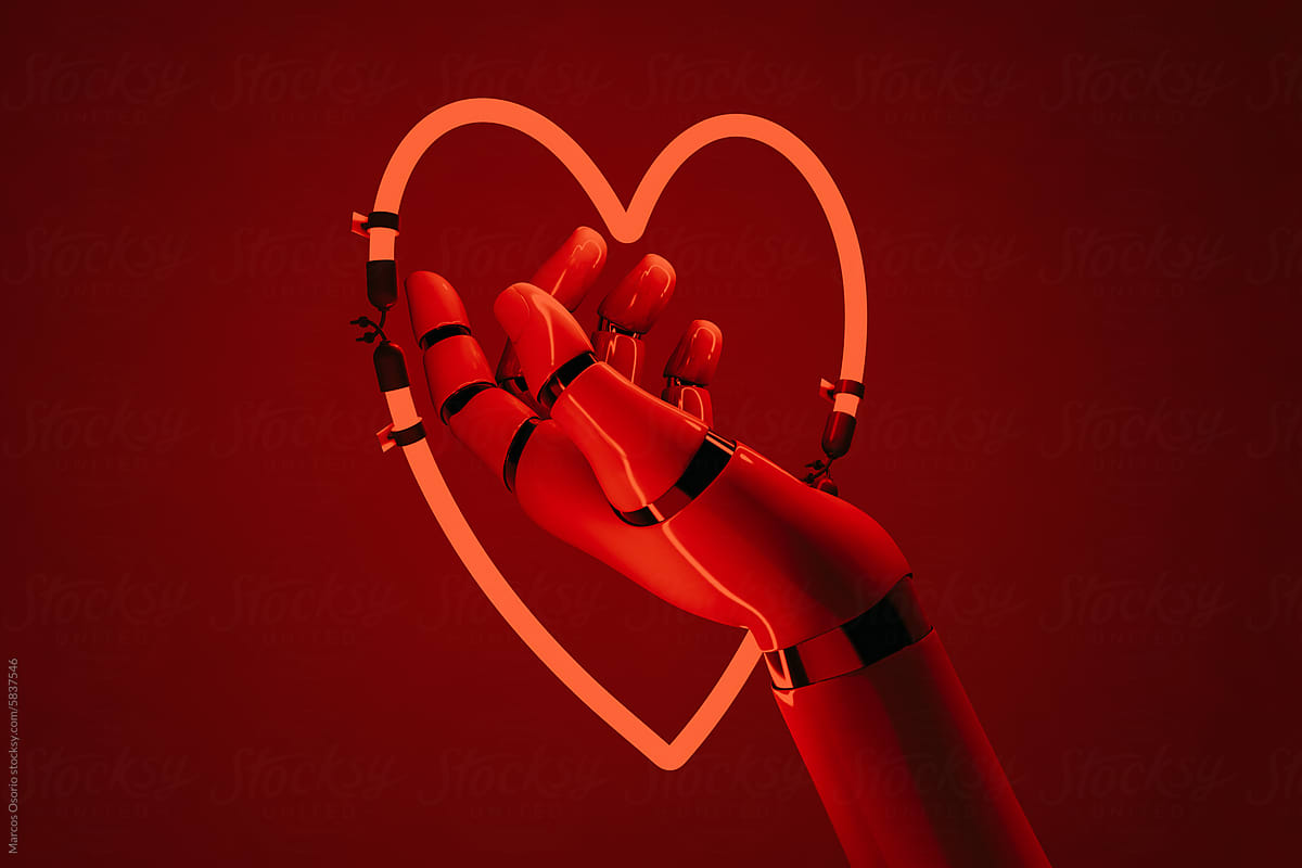 Robot hand holding a Neon heart