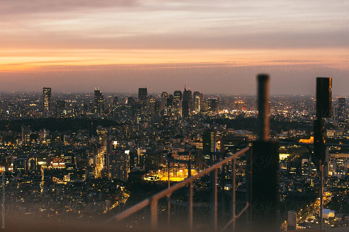 Tokyo skyline at sunset.