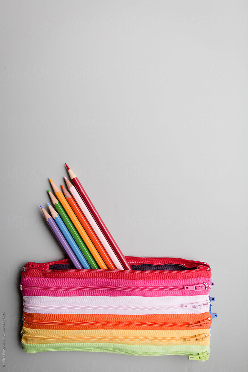 Rainbow zipper case with colored pencils