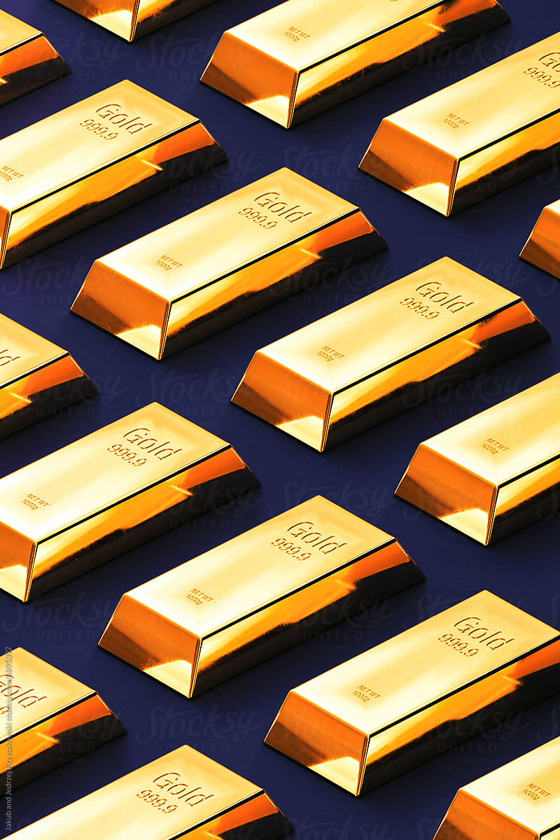 Flatlay Pattern Of Gold Bars On Navy Background