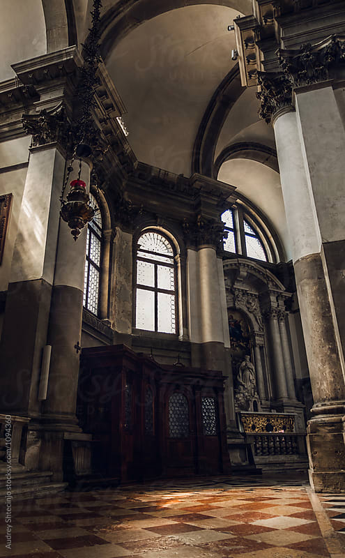 Impressive interior inside of Santa Maria della Salute(Saint Mary of Health) in baroque style.Venice/Italy