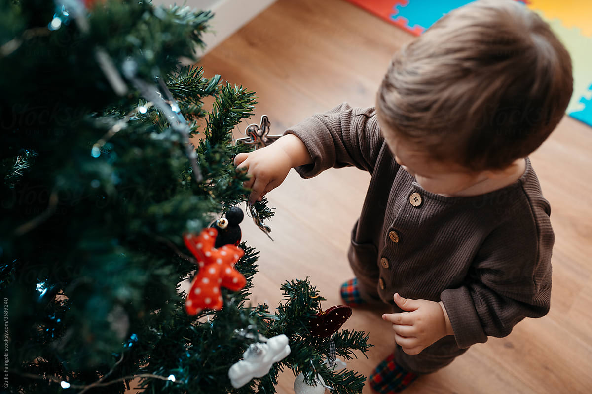 Baby touching Christmas tree