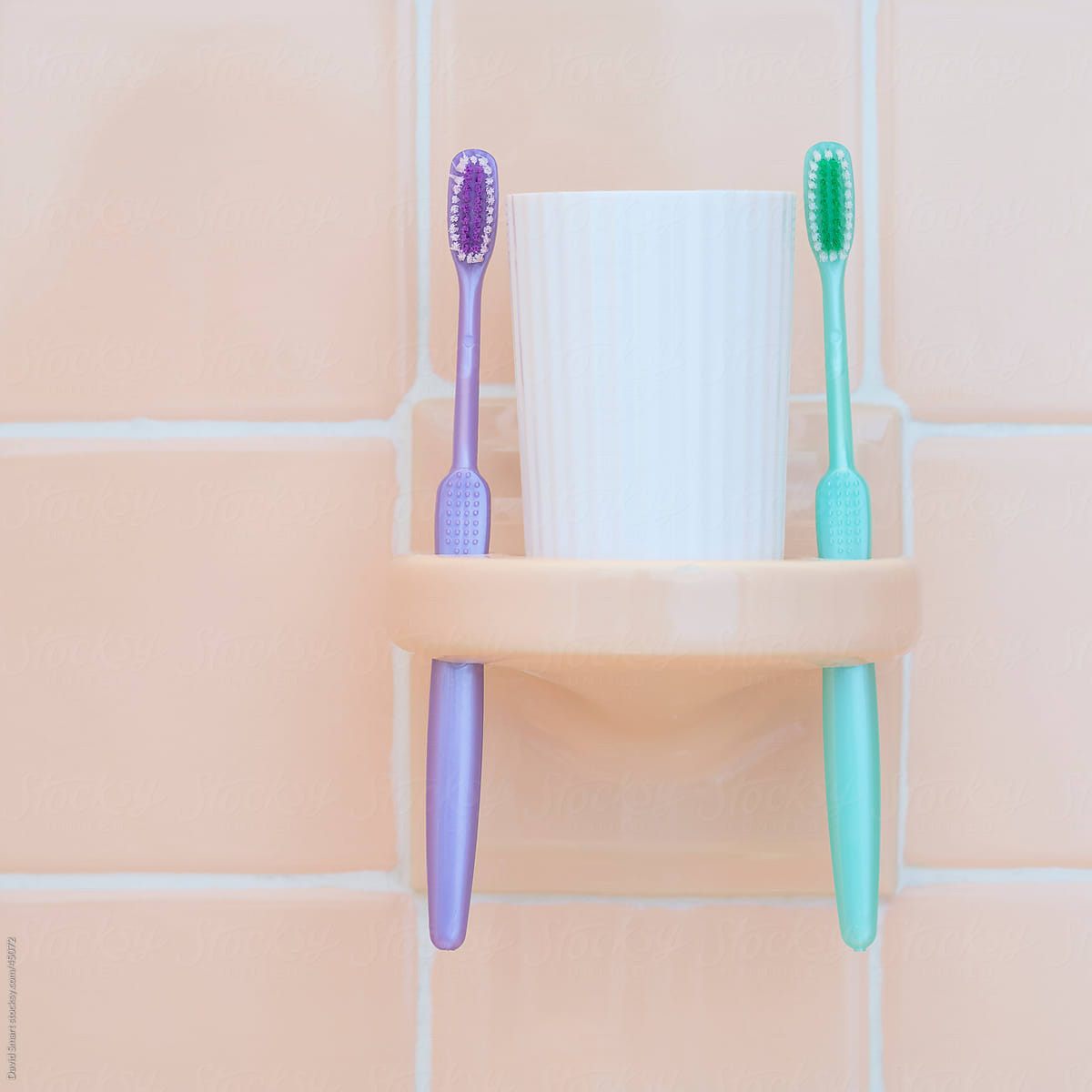 Toothbrushes in porcelain tile holder with a white cup