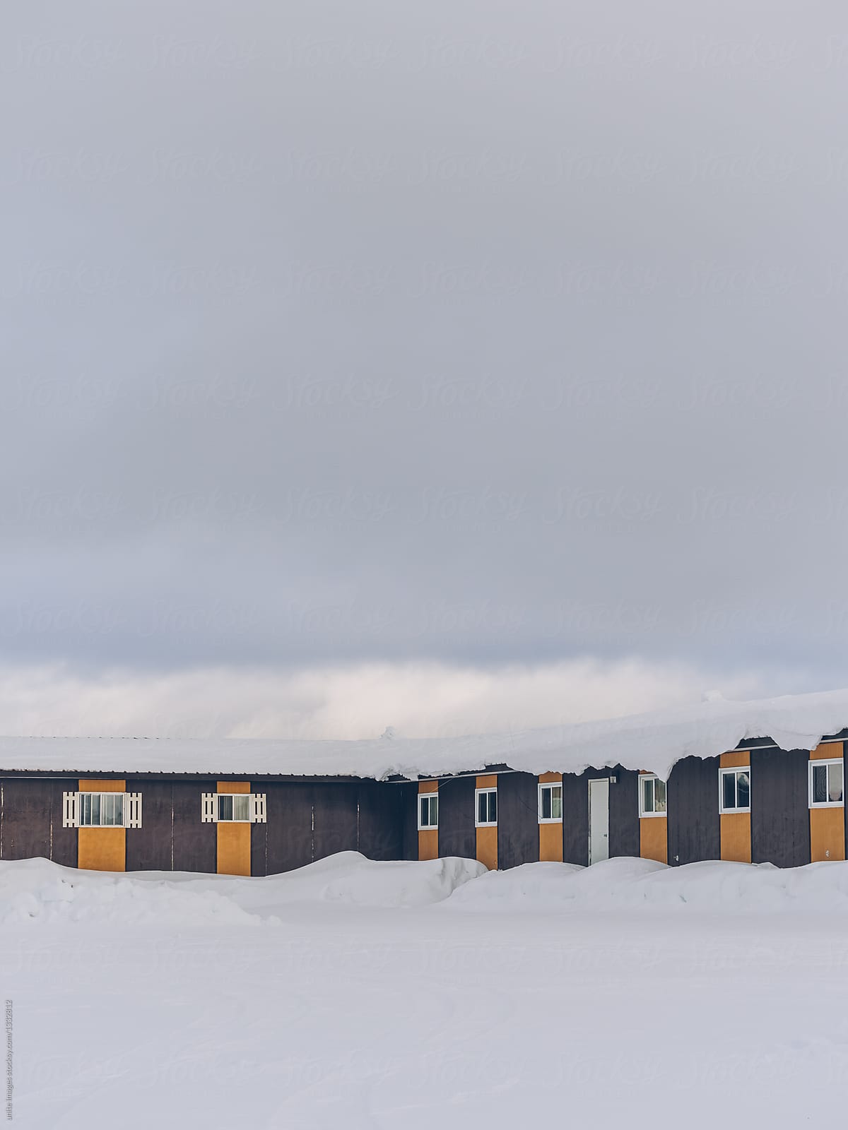 Motel covered with snow in winter