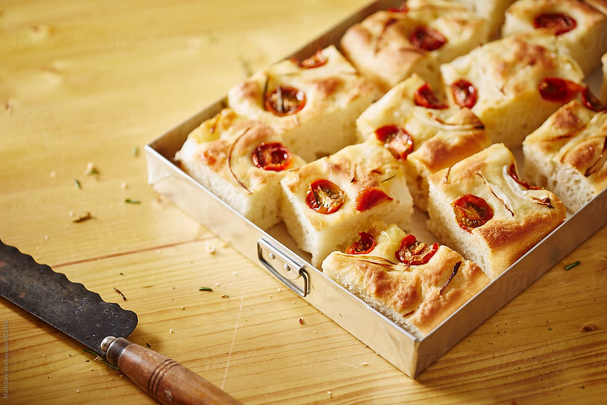 Homemade focaccia with cherry tomatoes